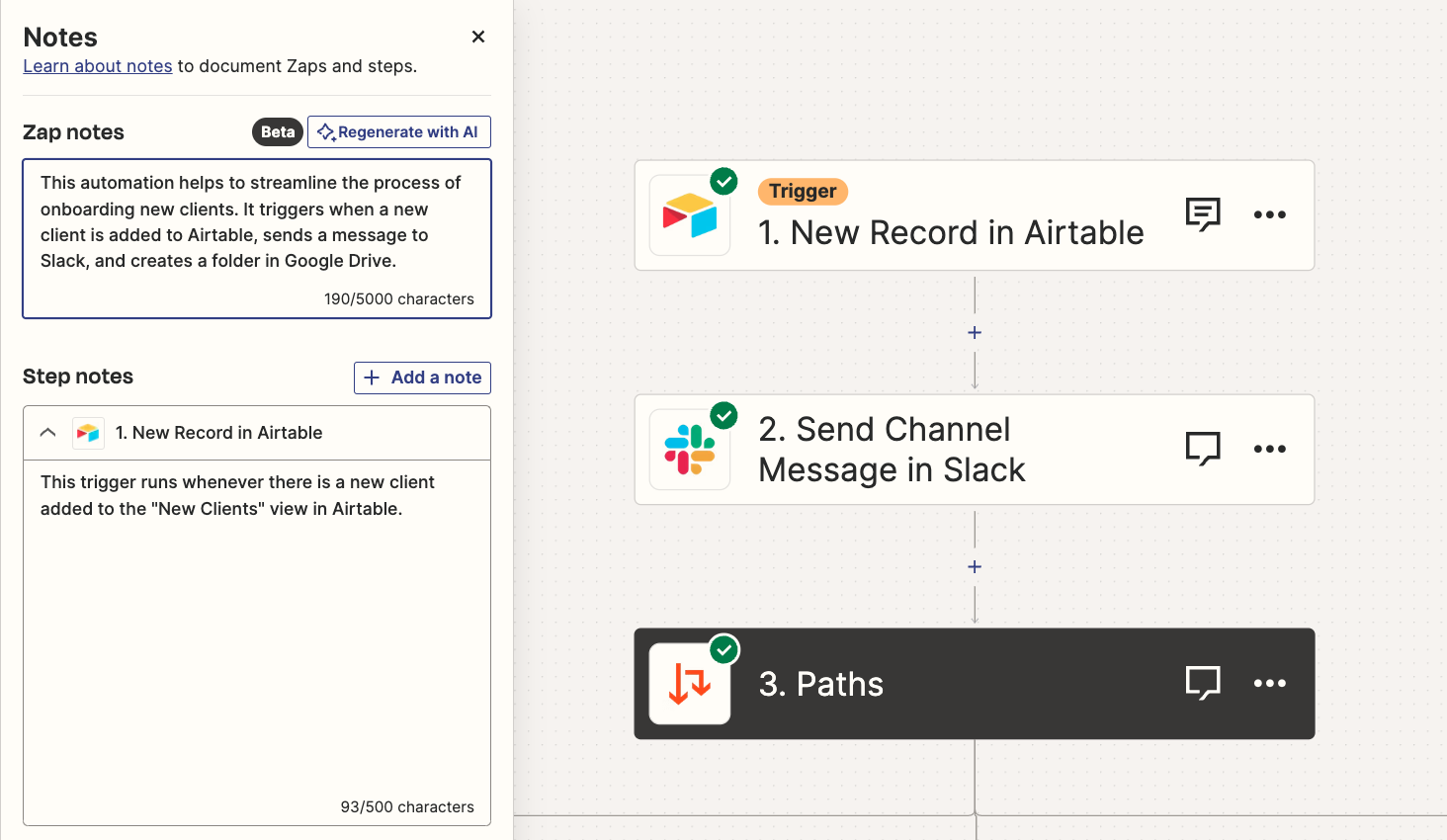 AI descriptions rely on each step's title and notes.