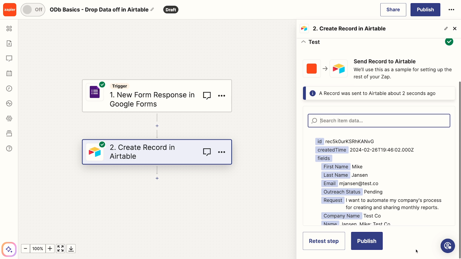 Sending data to an operational database (ODb)