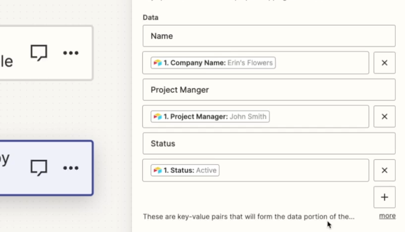 A Zapier webhook step with several key-value pairs