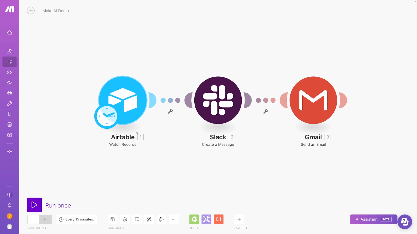 A simple scenario built by the Make AI Assistant