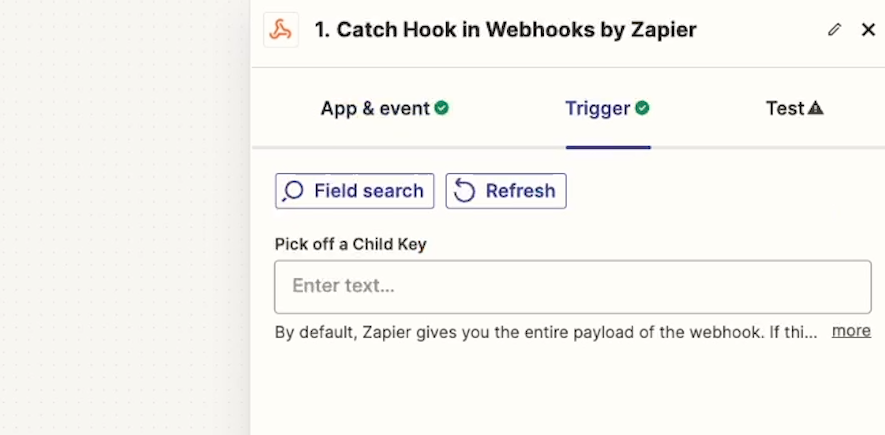 The "pick off a child key" option in a Zapier Webhooks trigger