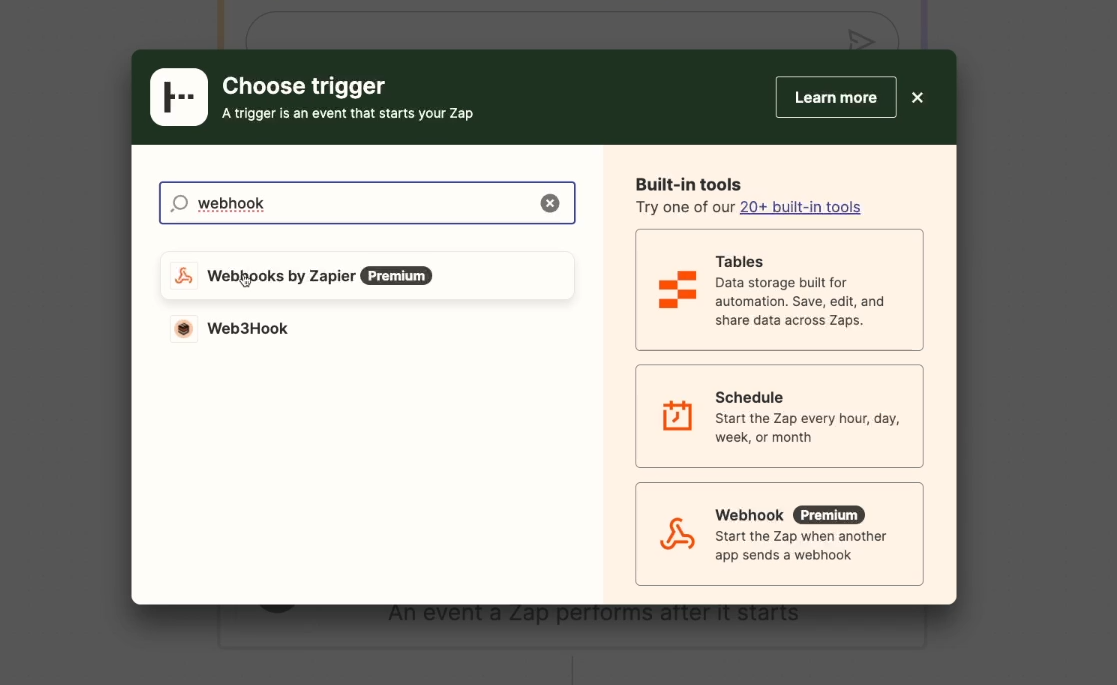 Choosing "Webhooks by Zapier" as the trigger app for a Zap