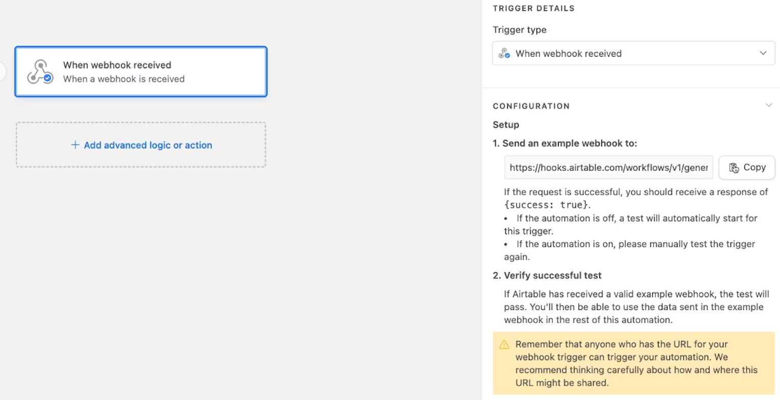 Copying a webhook URL in Airtable