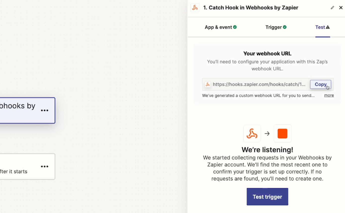Copying an API URL from a Zapier Webhook trigger