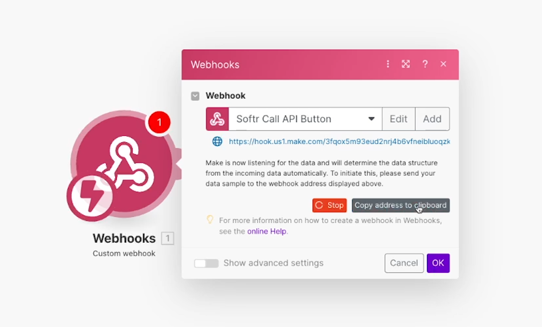 Copying a webhook's address in Make