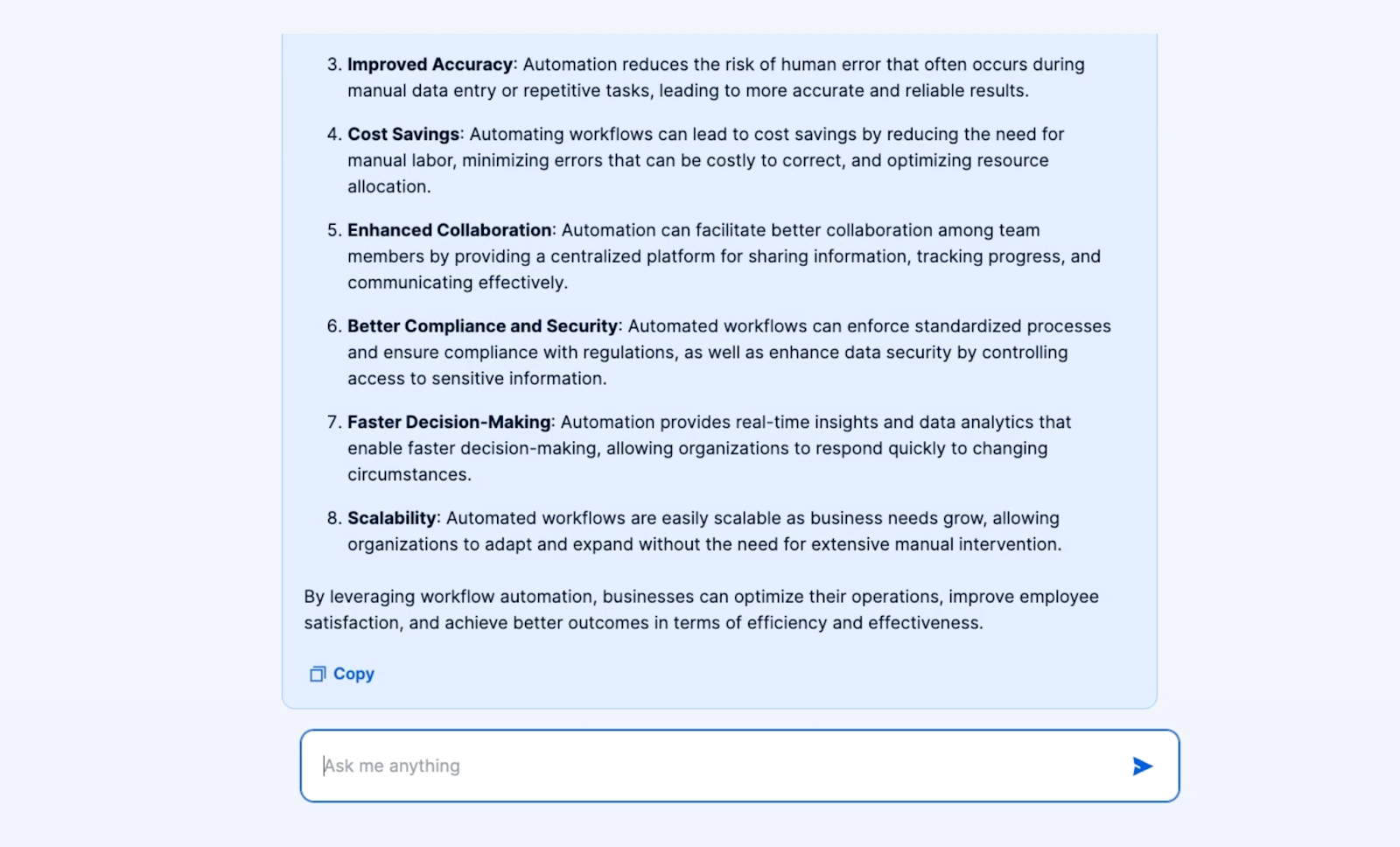 The chatbot's answer about workflow automation