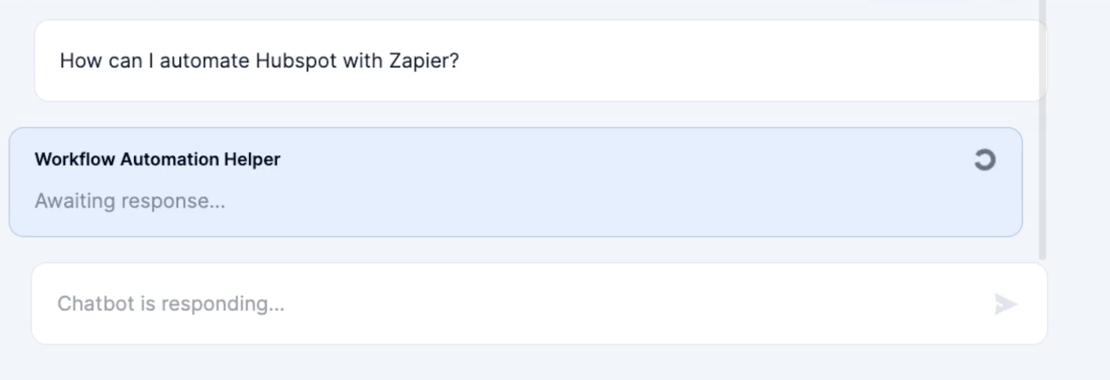 Testing the chatbot with a question about automating Hubspot with Zapier