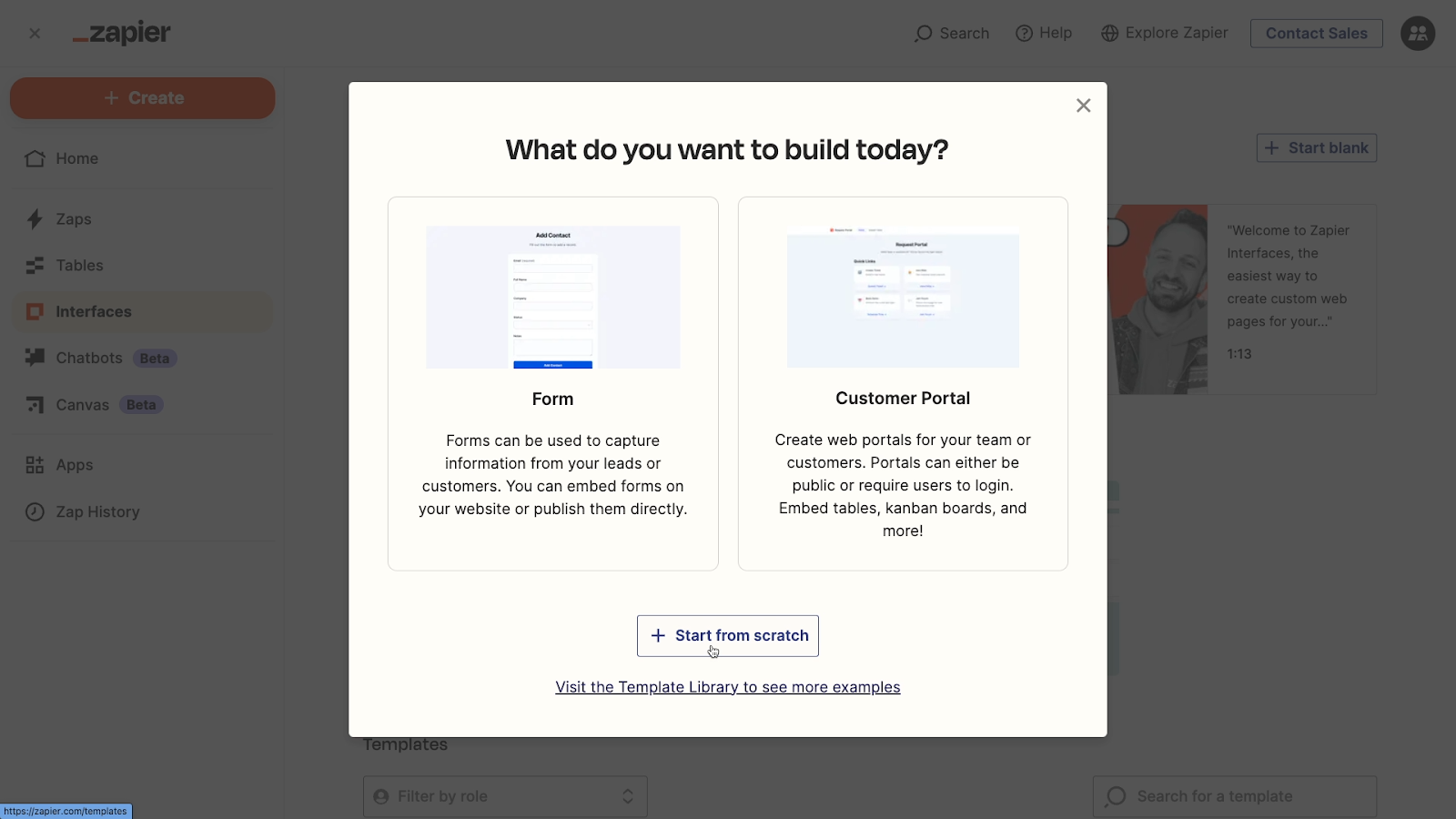 Options for building a new interface from a template or from scratch