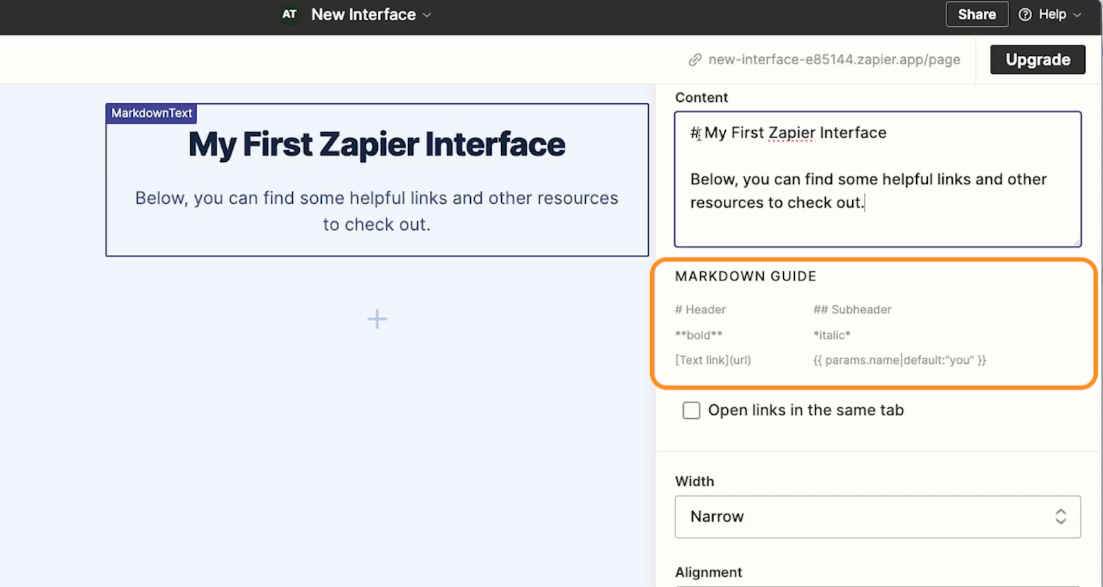 The Markdown guide in the text component