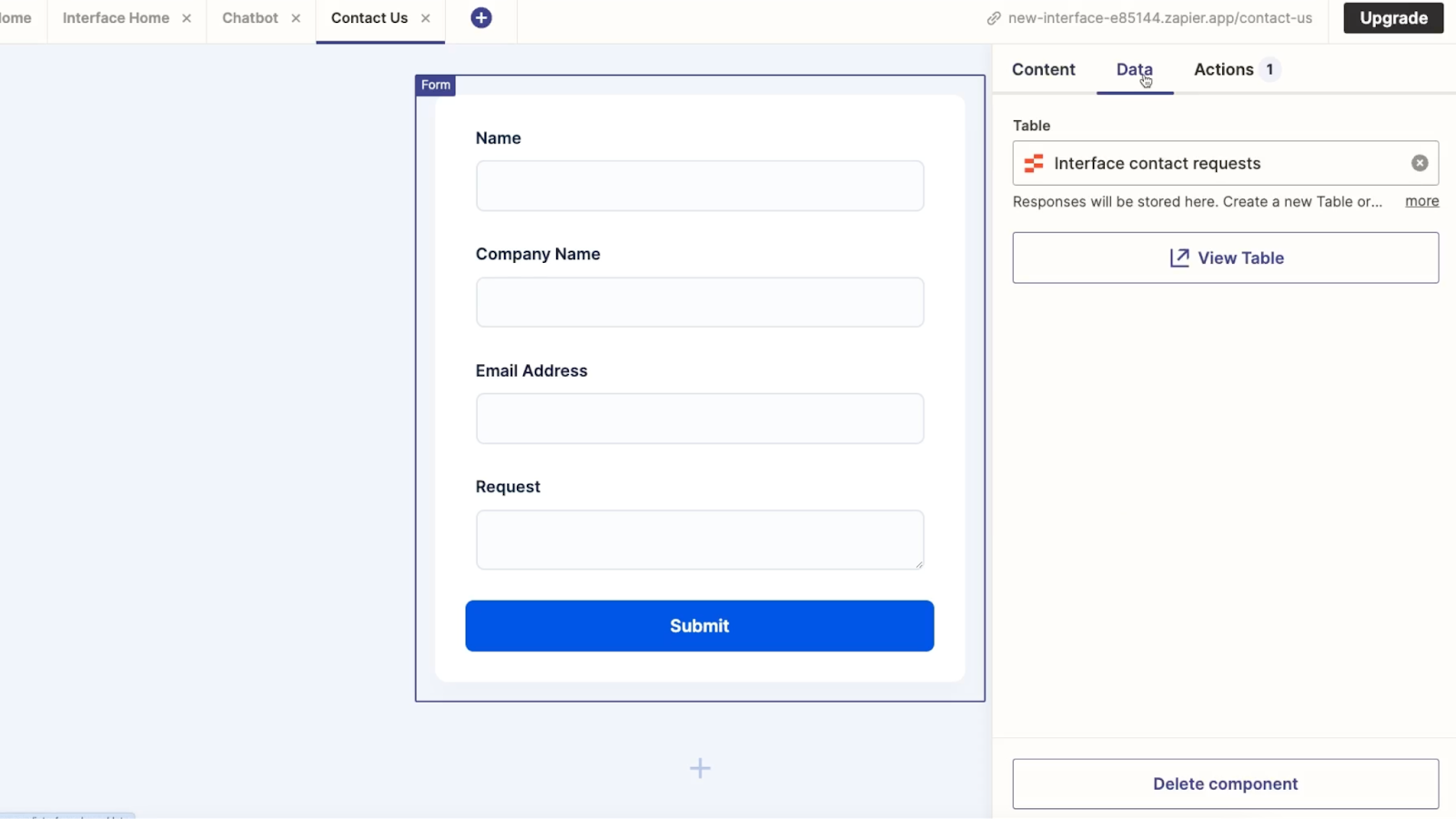 The "data" tab in a Form component