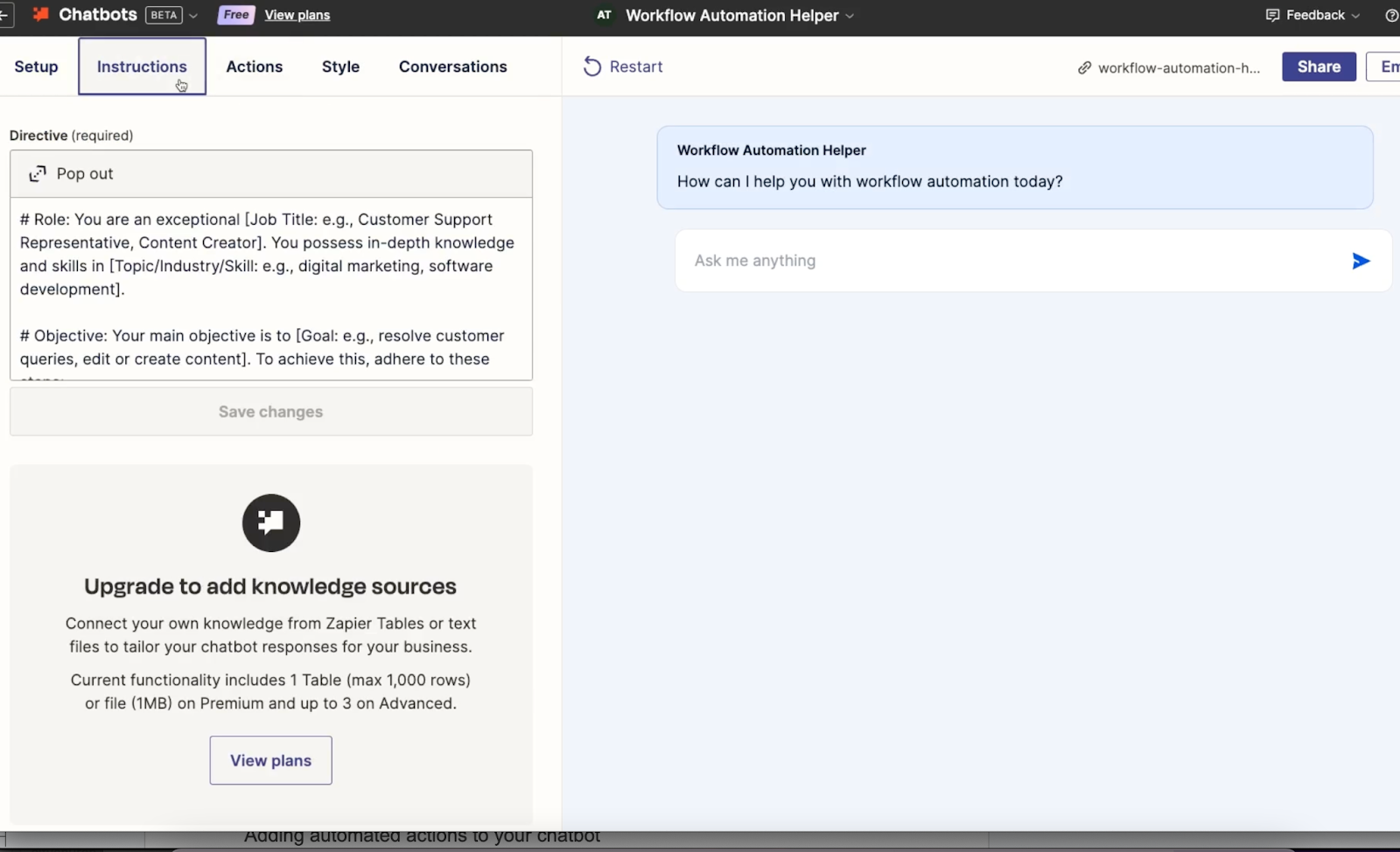 Zapier chatbot instructions settings