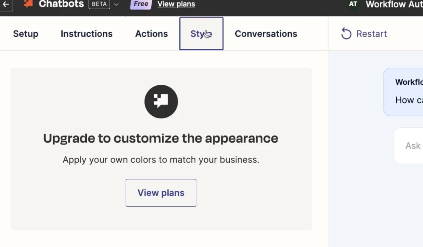 The "Style" tab for a Zapier chatbot