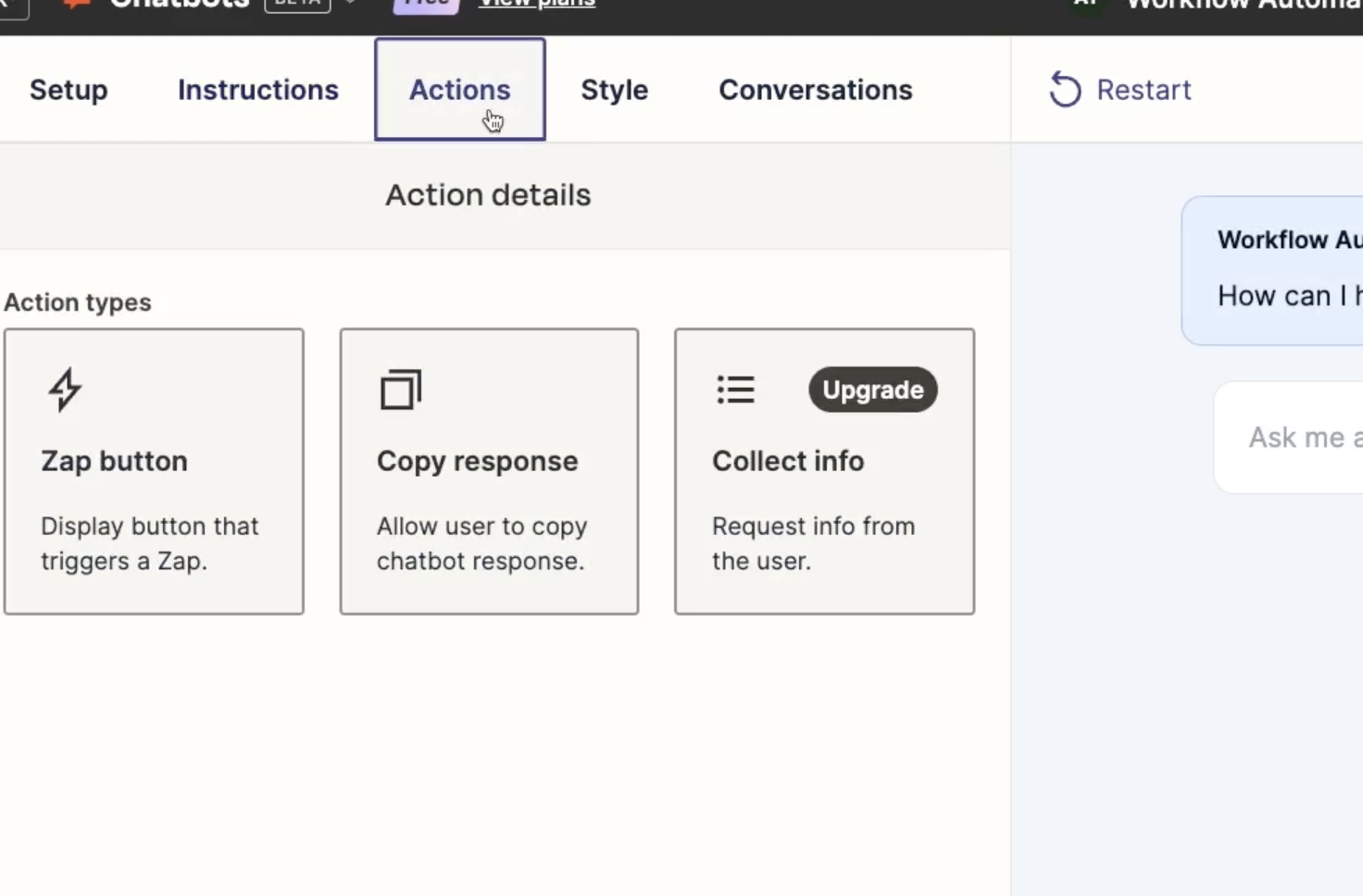 The "Actions" tab in a Zapier chatbot