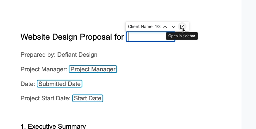 Selecting a variable to find the "open in sidebar" option