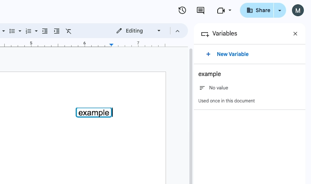 The "Variables" panel in Google docs