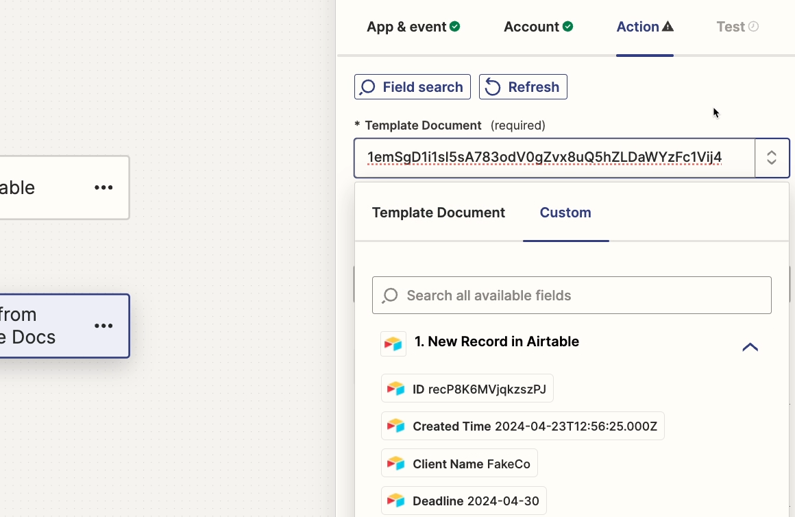 Pasting the Google Doc ID into Zapier