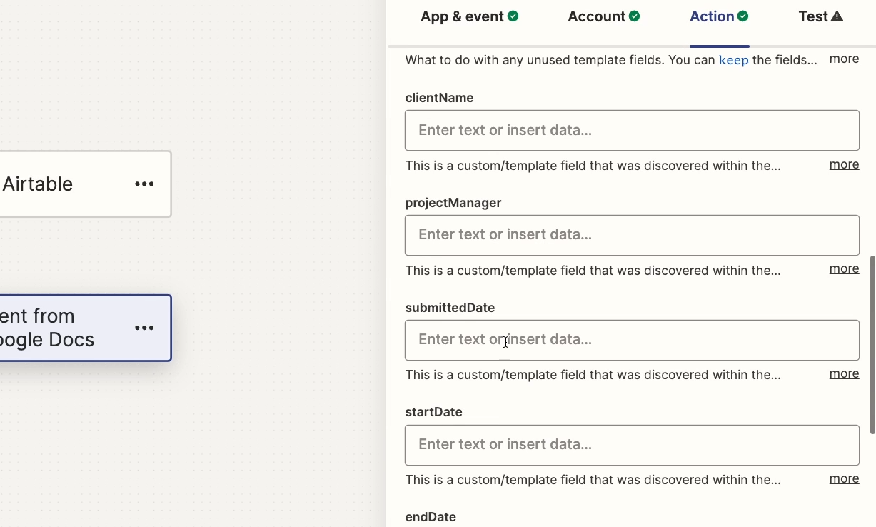 Variables from the Google doc retrieved by Zapier