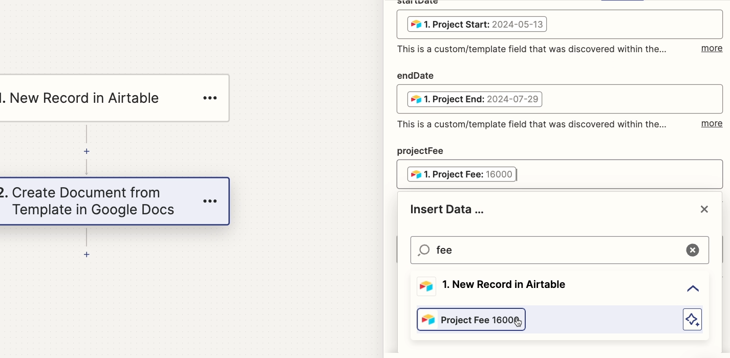 Mapping data to each Google Docs variable in Zapier