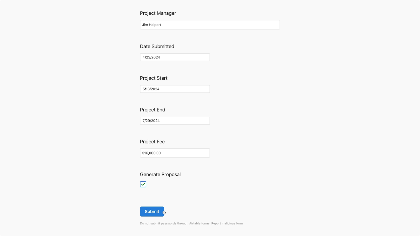 Filling out the form to create test data