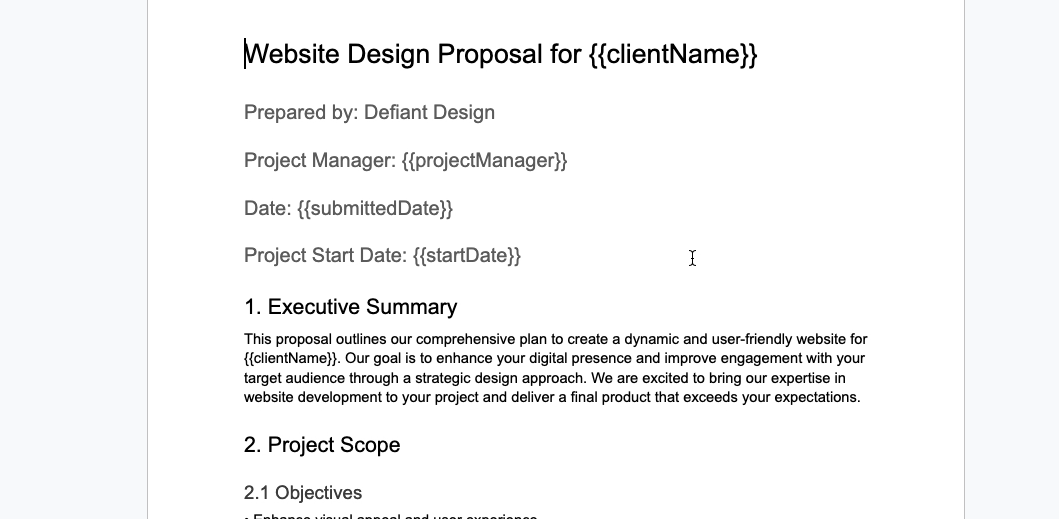 A proposal with variables recognized by Zapier and Make