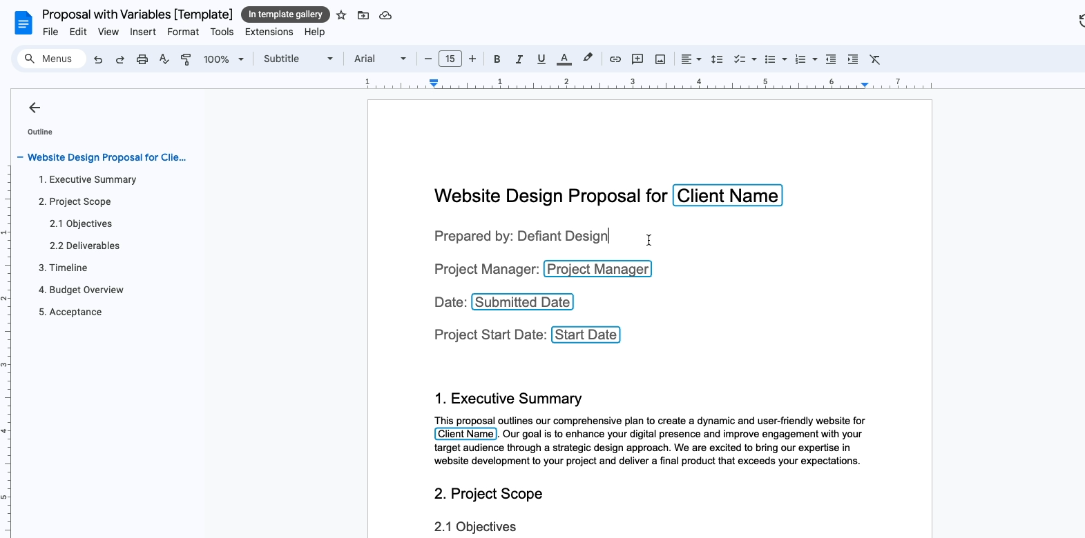 A Google Docs proposal template with several variables