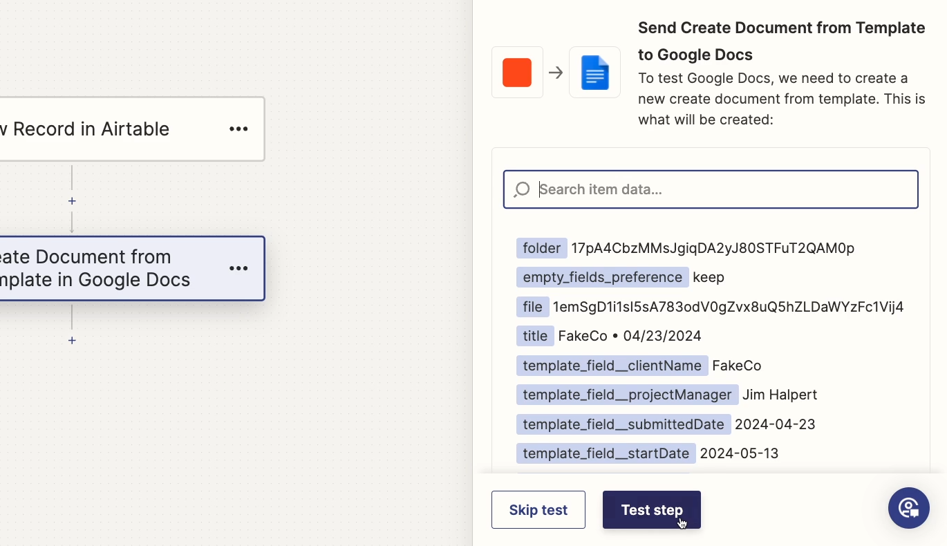 Testing the "Create Document" step