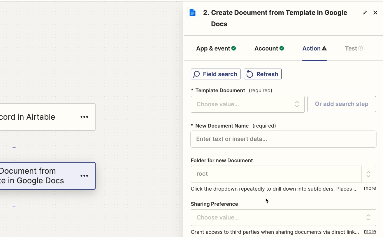 Required fields for the "Create Document" step, like "Template Document" and "New Document Name"