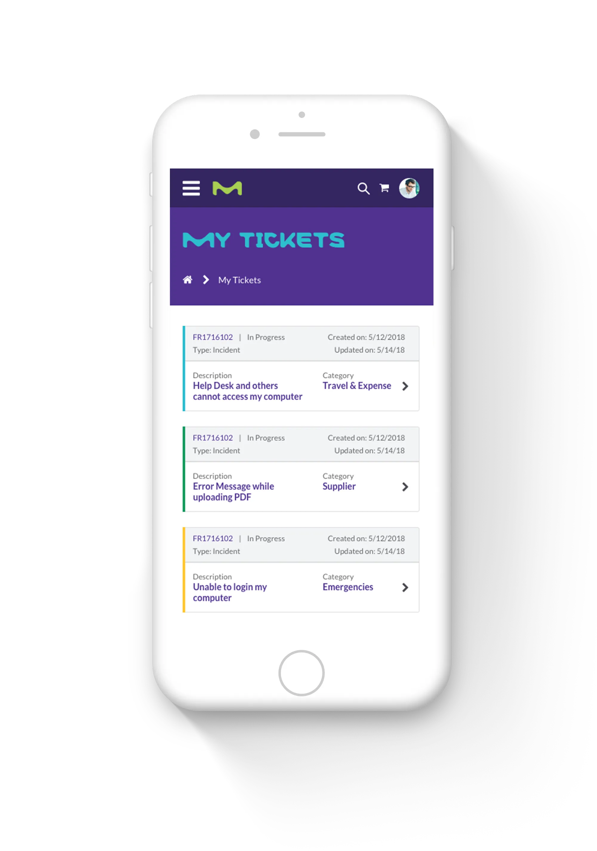 Mobile Tickets Screenshot of Merck ServiceNow Service Portal