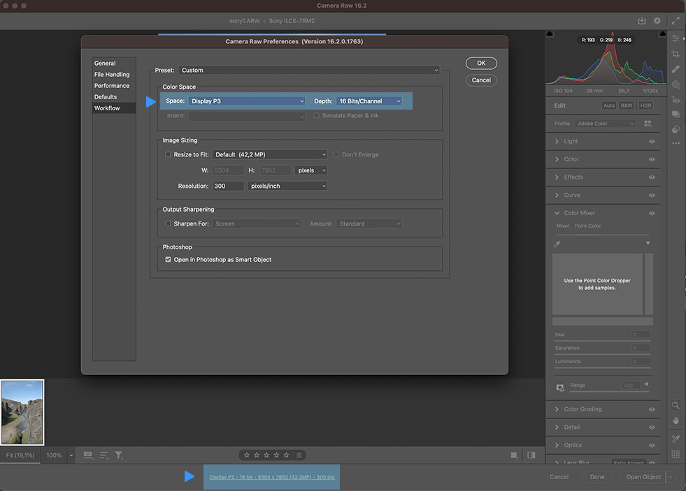 Adobe Camera RAW Color Management Settings - Display P3