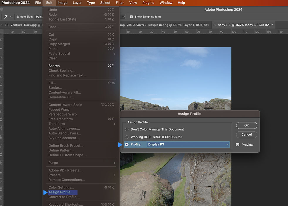Assign Display P3 Profile in Adobe Photoshop for a color managed workflow with Color.io