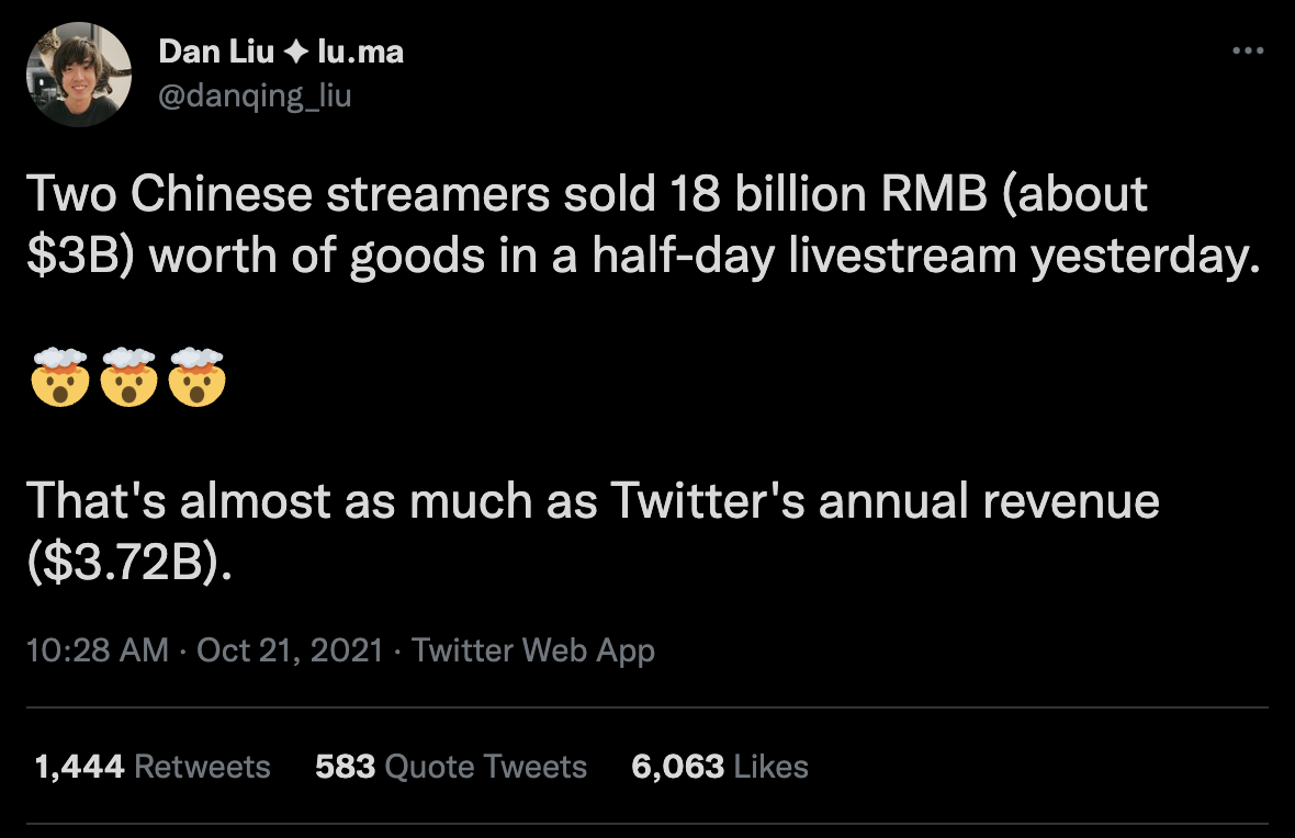 Tweet from @danqing_liu reporting that two Chinese streamers sold $3B worth of goods in a half-day livestream, dated Oct 2021
