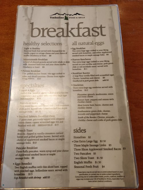 timberline steaks &amp; grille breakfast menu