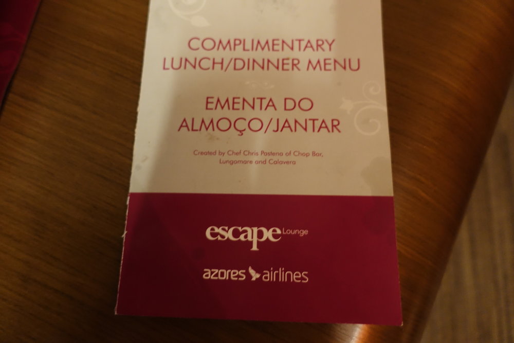 Escape Lounge Complimentary Menu