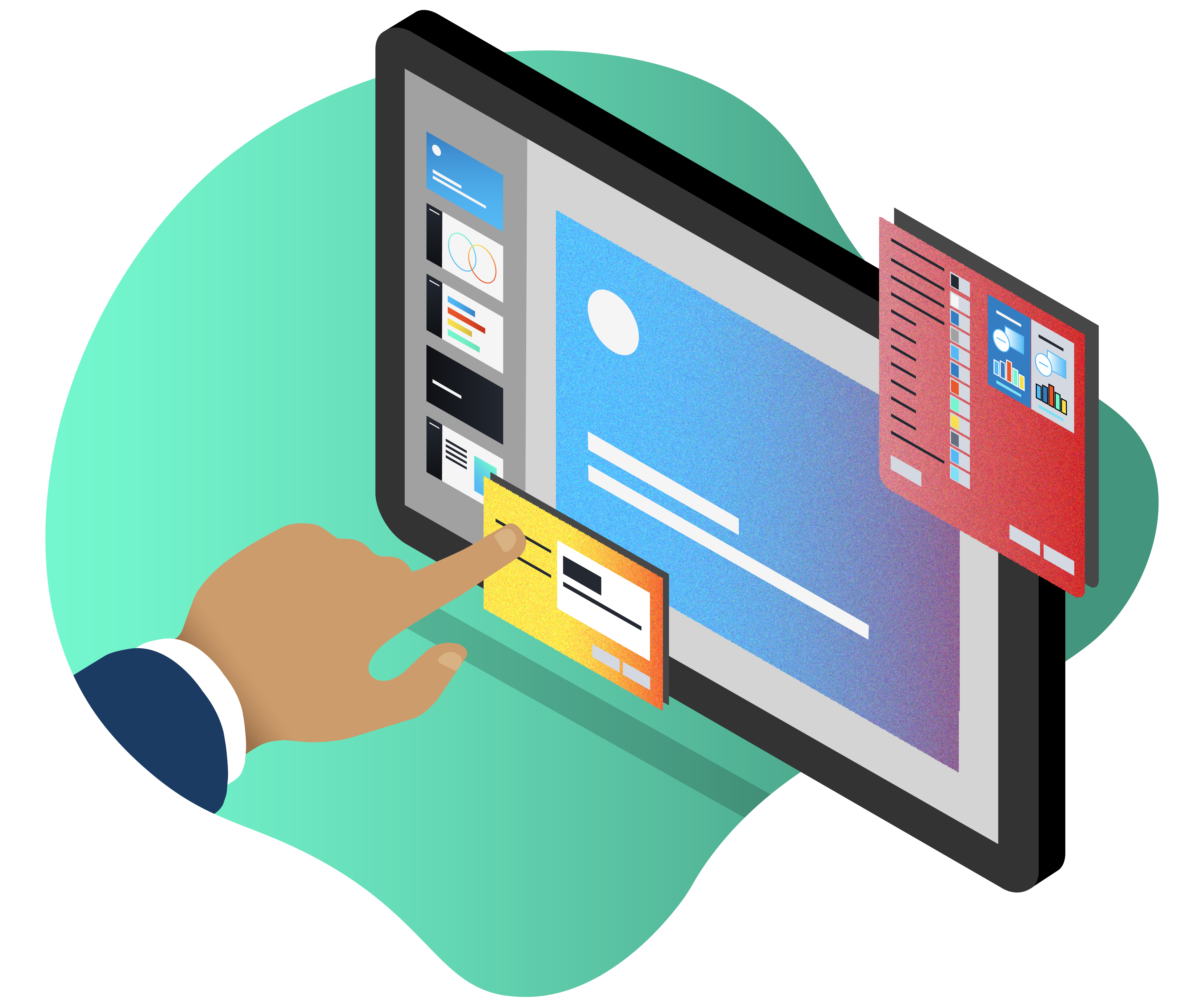 Presentation designer working with a slide template design: A person arranging presentation slides on a screen