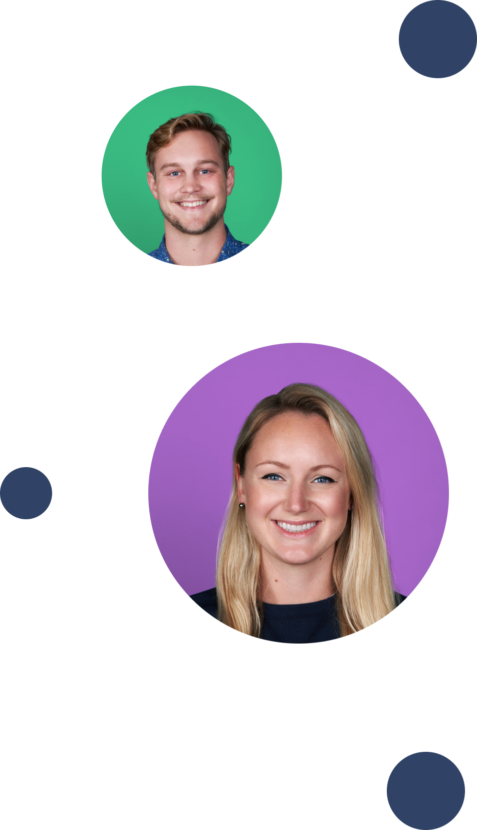 A couple of employee portrait avatars showing a man and a woman who work at LiveControl smiling.