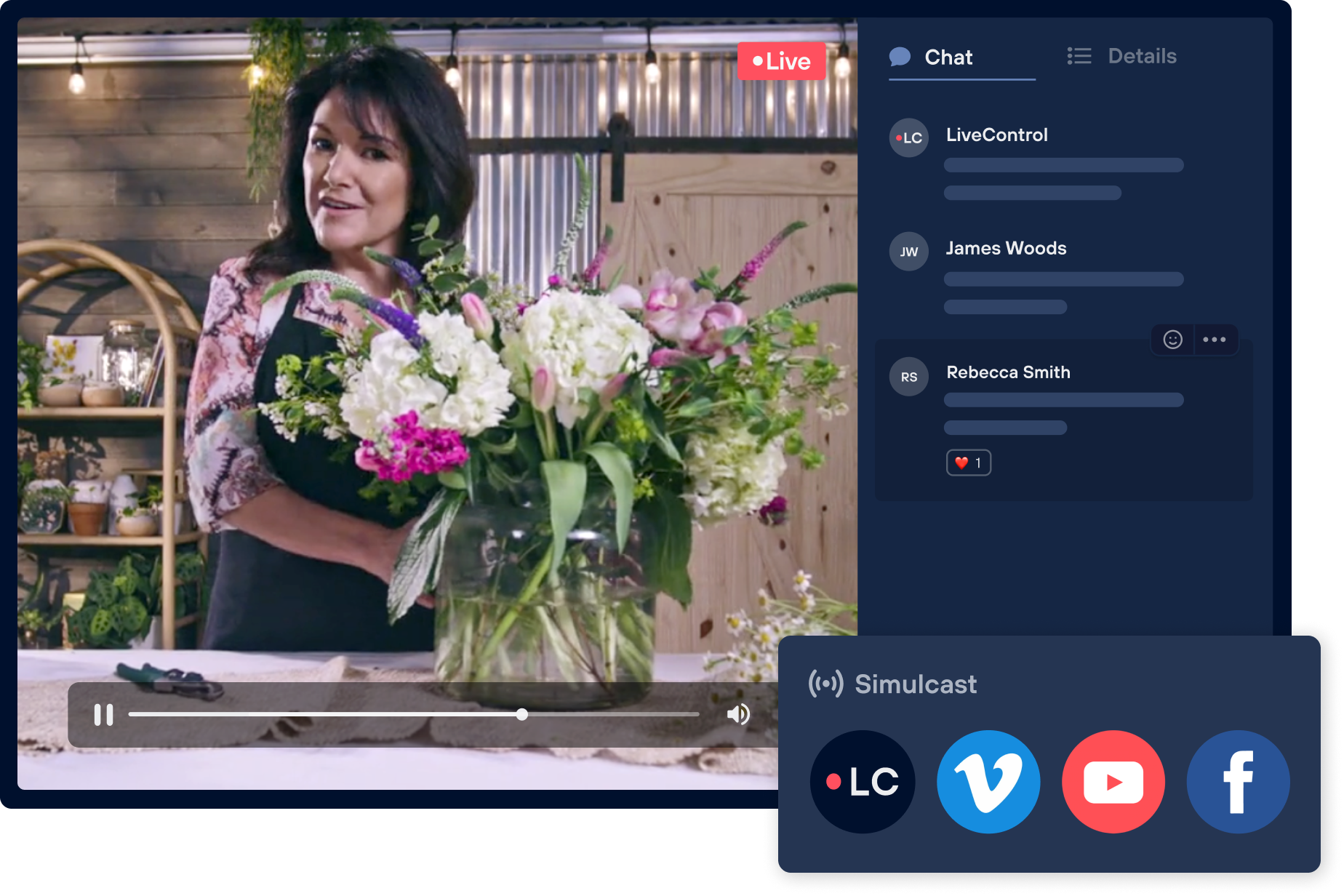 A simplified user interface of how a LiveControl livestream looks in their player, including alternate simulcasting options on other platforms.