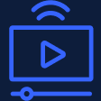 An icon for LiveControl's simulated live feature showing a simple graphic of a screen and video scrubber with broadcasting arcs.