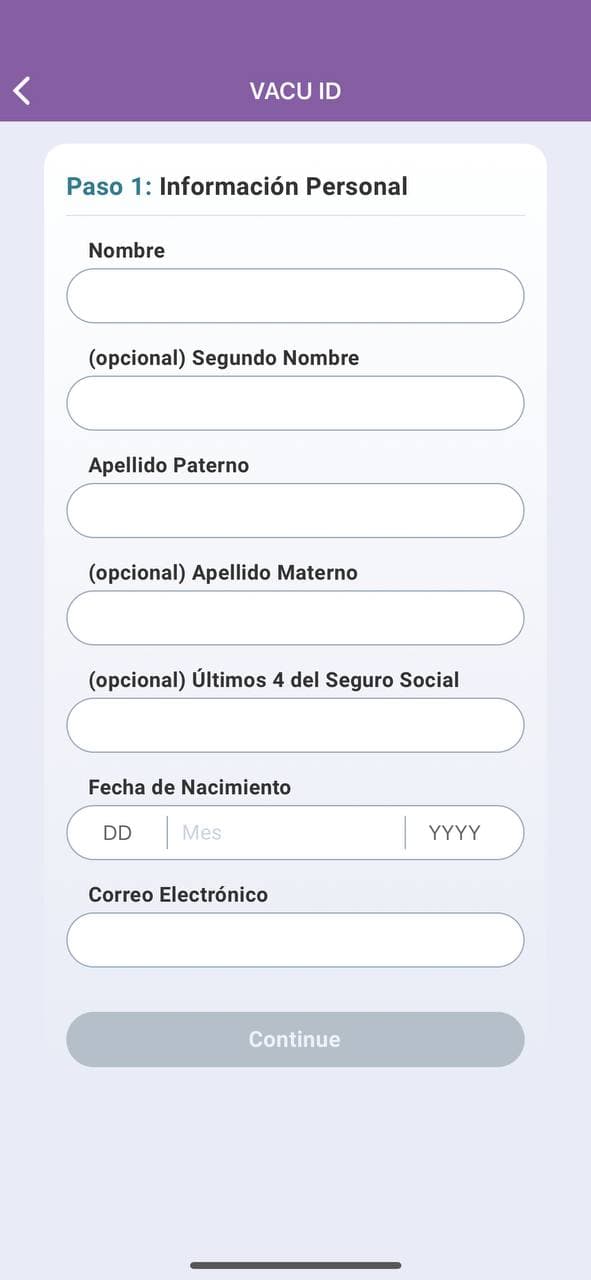 Captura de pantalla de entrada de información personal
