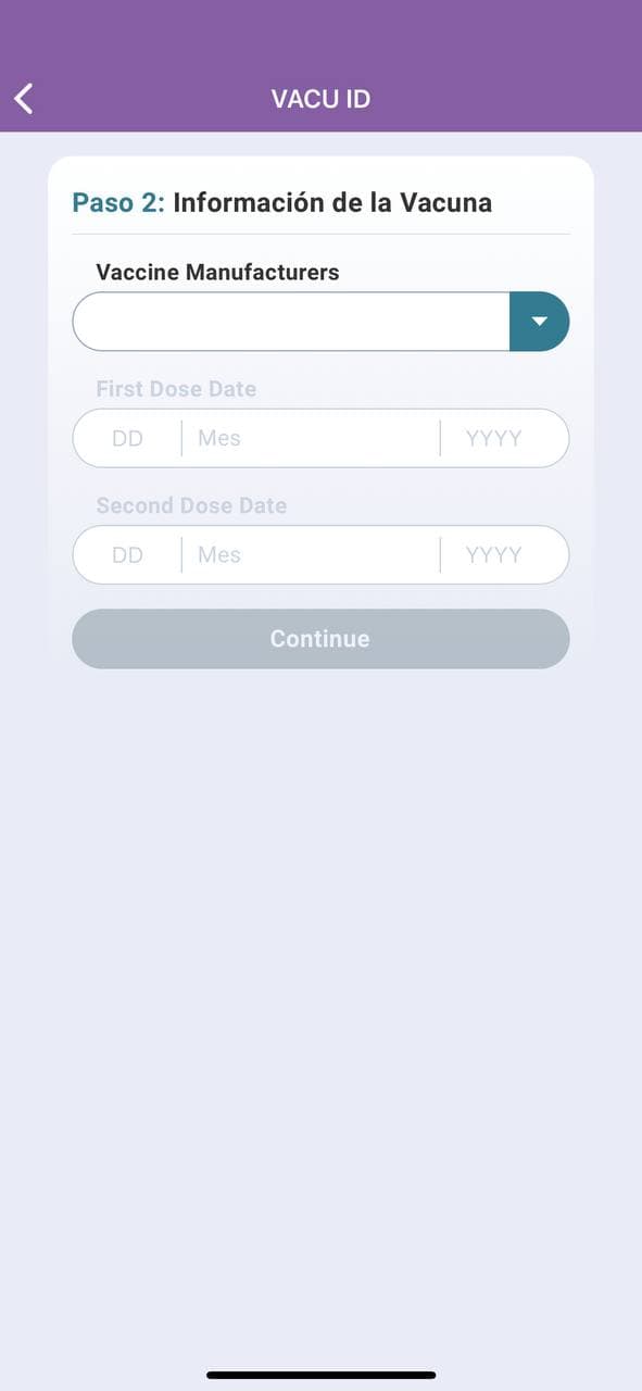 Captura de pantalla de entrada de información de la vacuna
