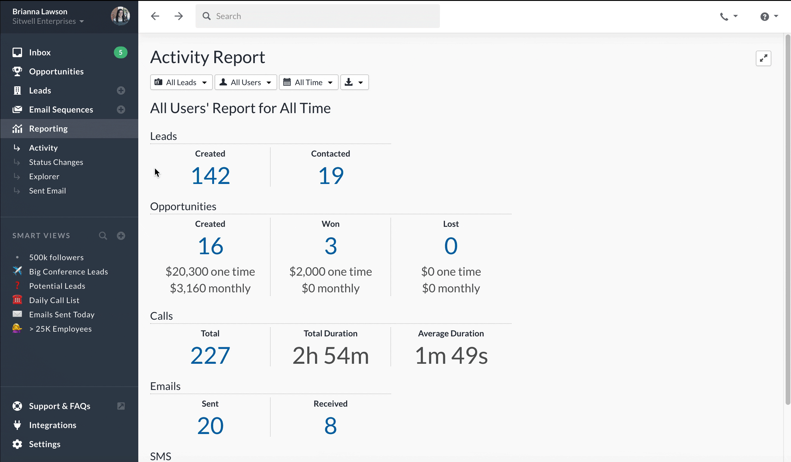 The Status Change Report in Close CRM shows you how different stages convert
