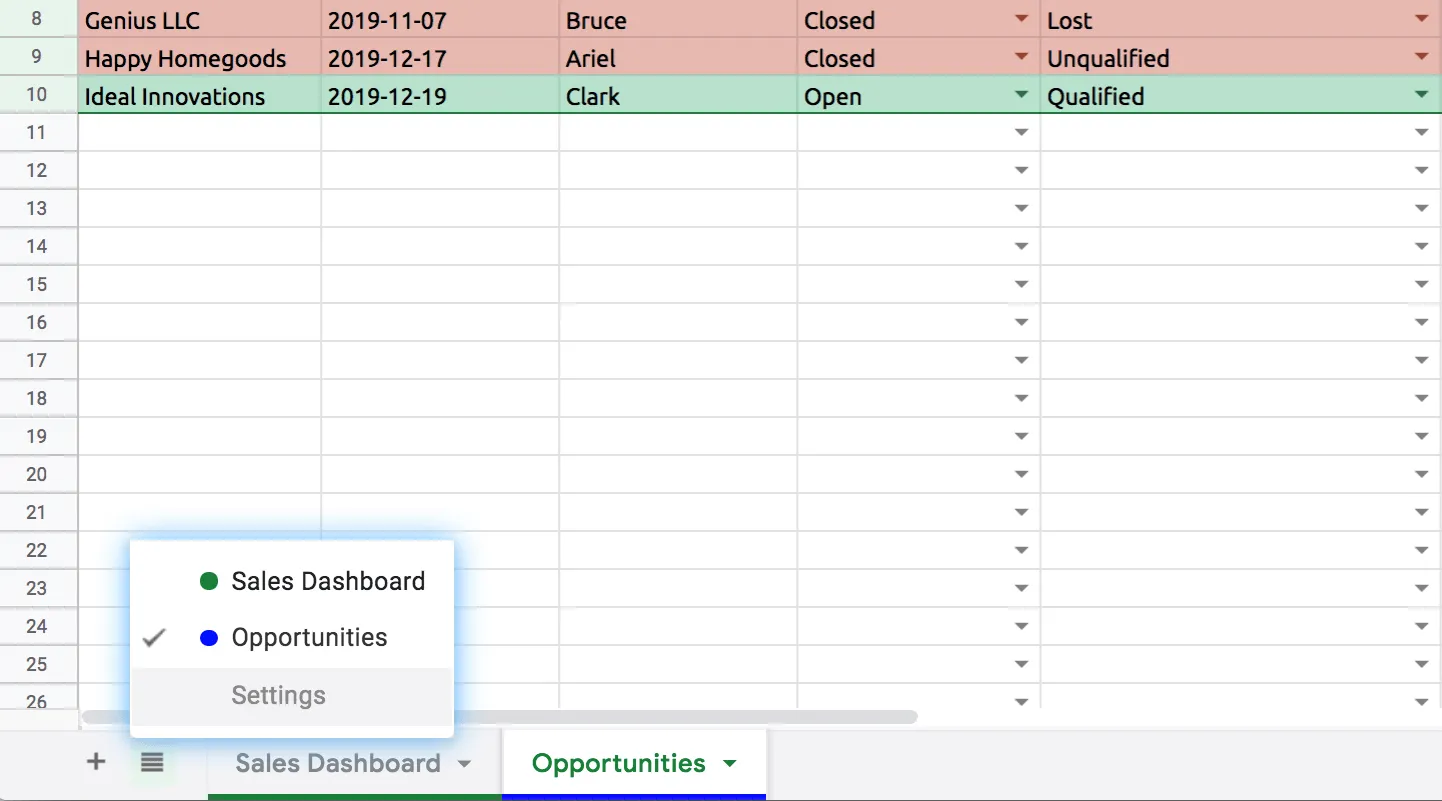 See the Settings Menu in Google Sheets CRM Template