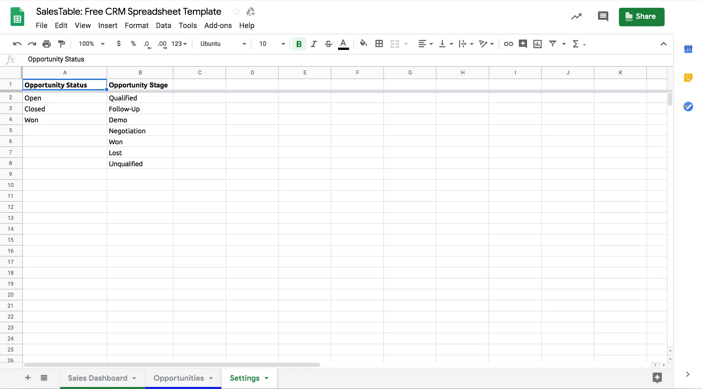 Google Sheets CRM Template Settings