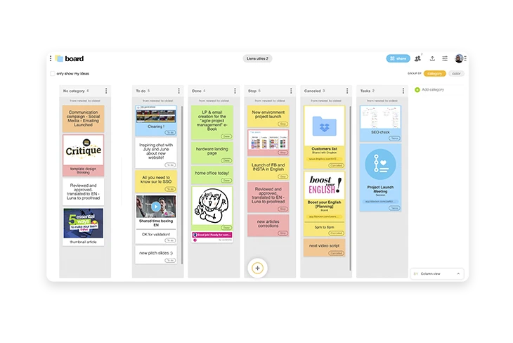 The column view for tracking your ideas by category
