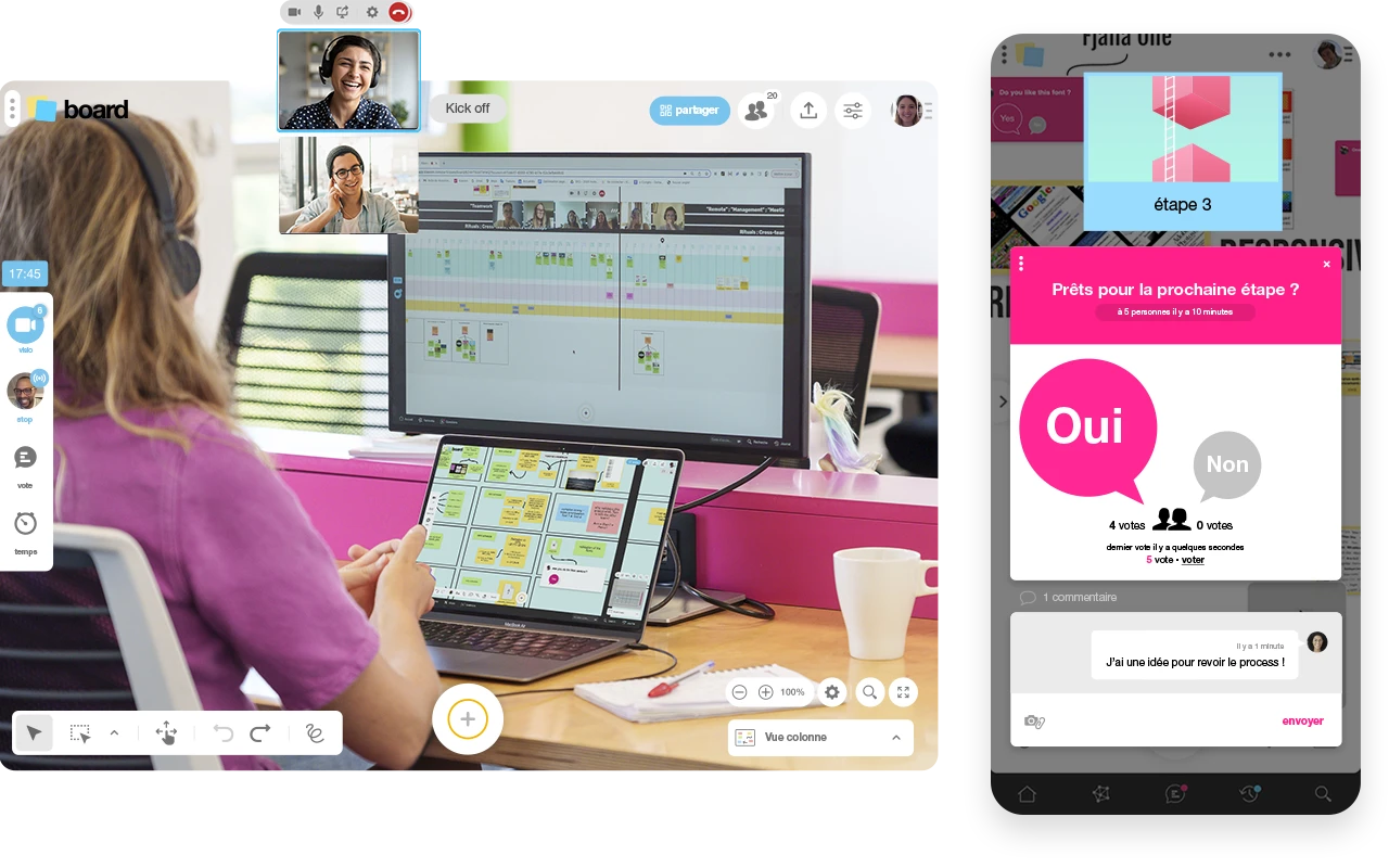 Un Live est lancé pour une synchronisation d'équipe. Une question est posée "Prêts pour la prochaine étape ?". L'interface est accessible sur desktop et mobile.