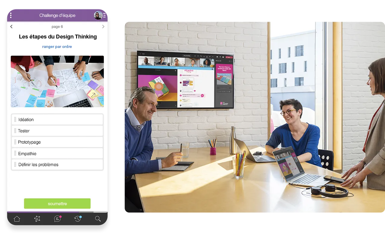 L'équipe se synchronise sur place et à distance grâce à Session. Un Mémo est partagé par la suite "Les étapes du Design Thinking".