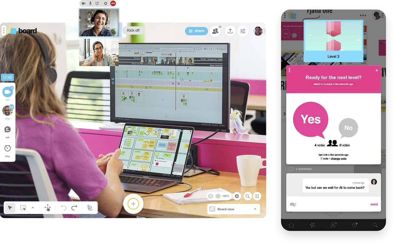 A Live is launched for a team sync. A question is asked "Ready for the next level? ». The interface is accessible in desktop and mobile.