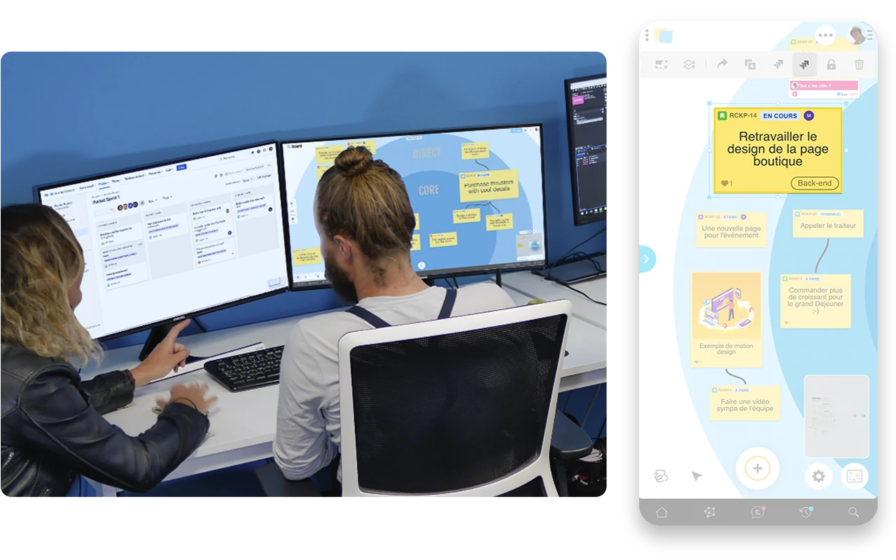 Deux personnes de dos, devant leur ordinateur, font le point sur le projet à l'aide des tickets sur Jira et de la visualisation sur Board