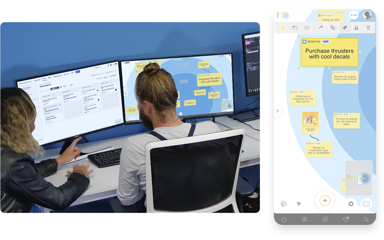 Two people from behind, in front of their computer, review the project using Jira issues and the visualization on the Board