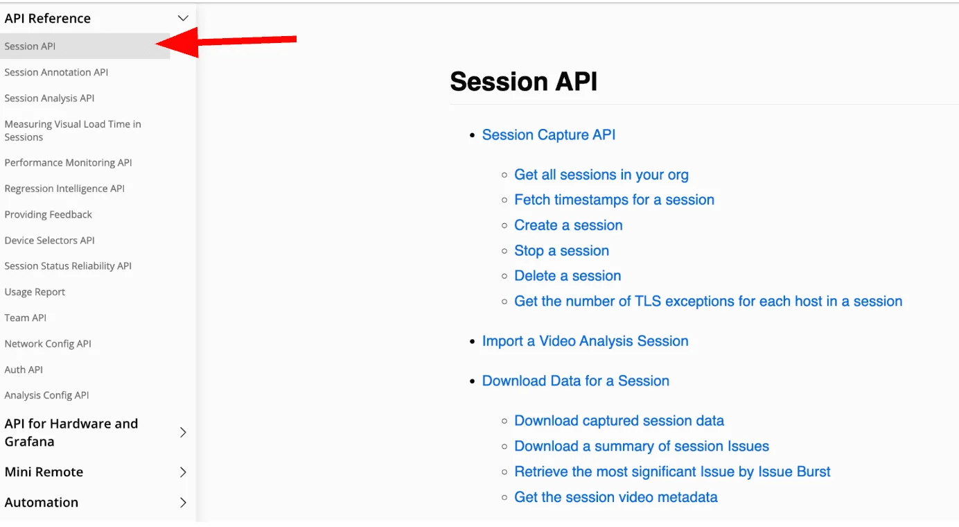 session API docs