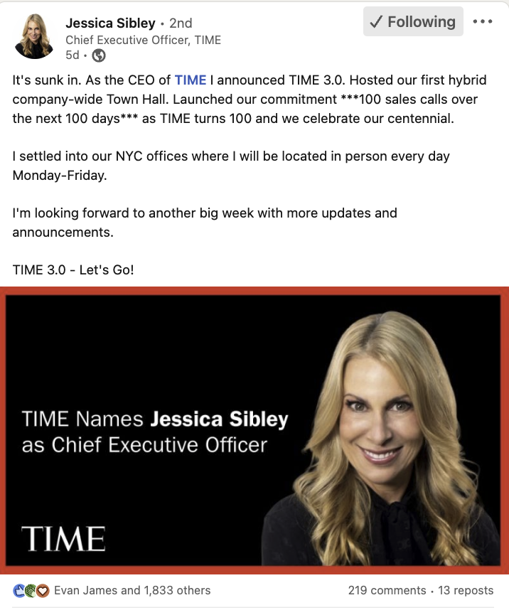 CEO of Time, Jessica Sibley's LinkedIn Post on committing to 100 sales calls over 100 days